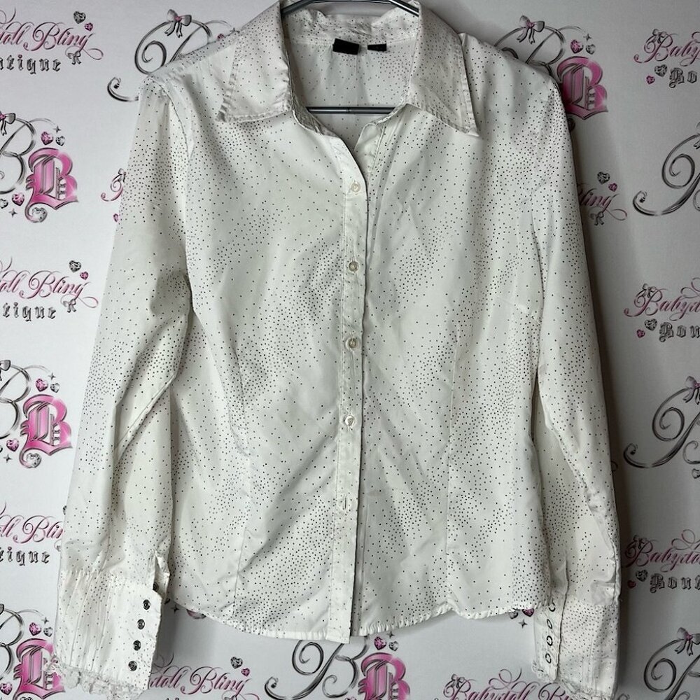 Milano sparkly button up collar shirt white silver Elegant White Women's Top